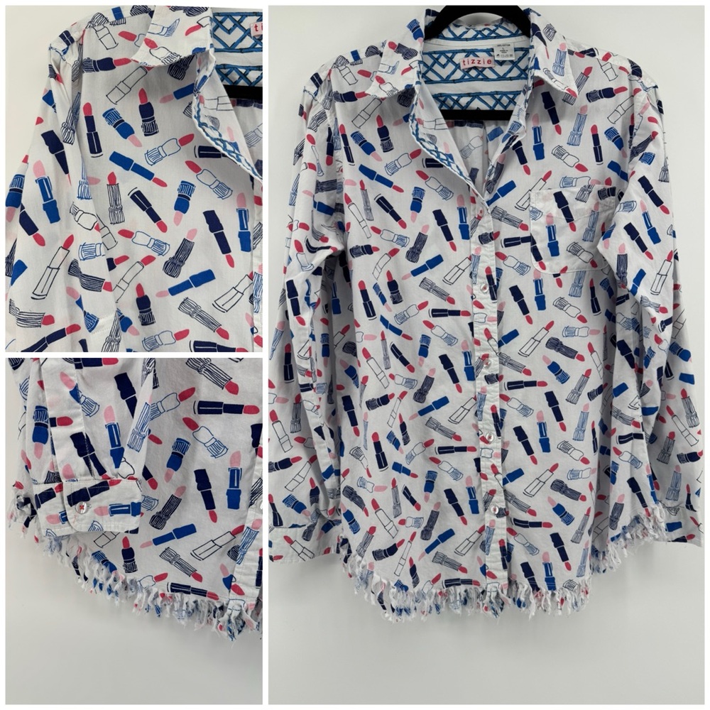 Lizzie White Button-Down Shirt with Red & Blue Lipstick Print